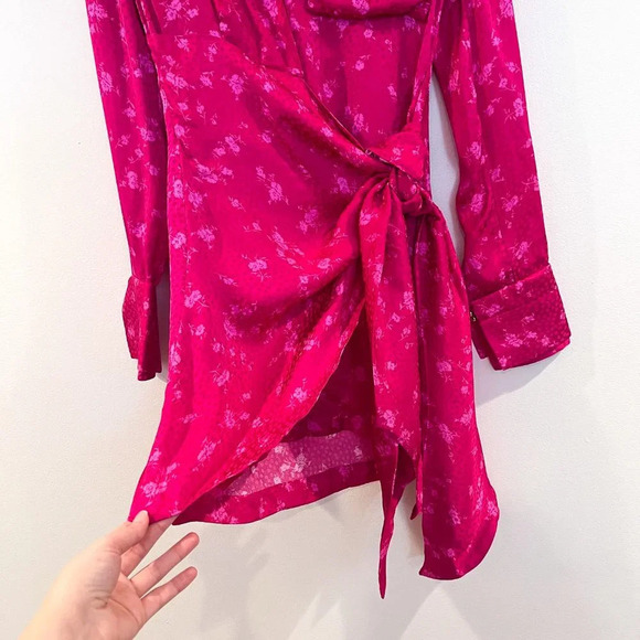 Acler Evanston Hot Pink Floral Dot Print Draped Satin Designer Mini Dress 2 NWT - Picture 4 of 14